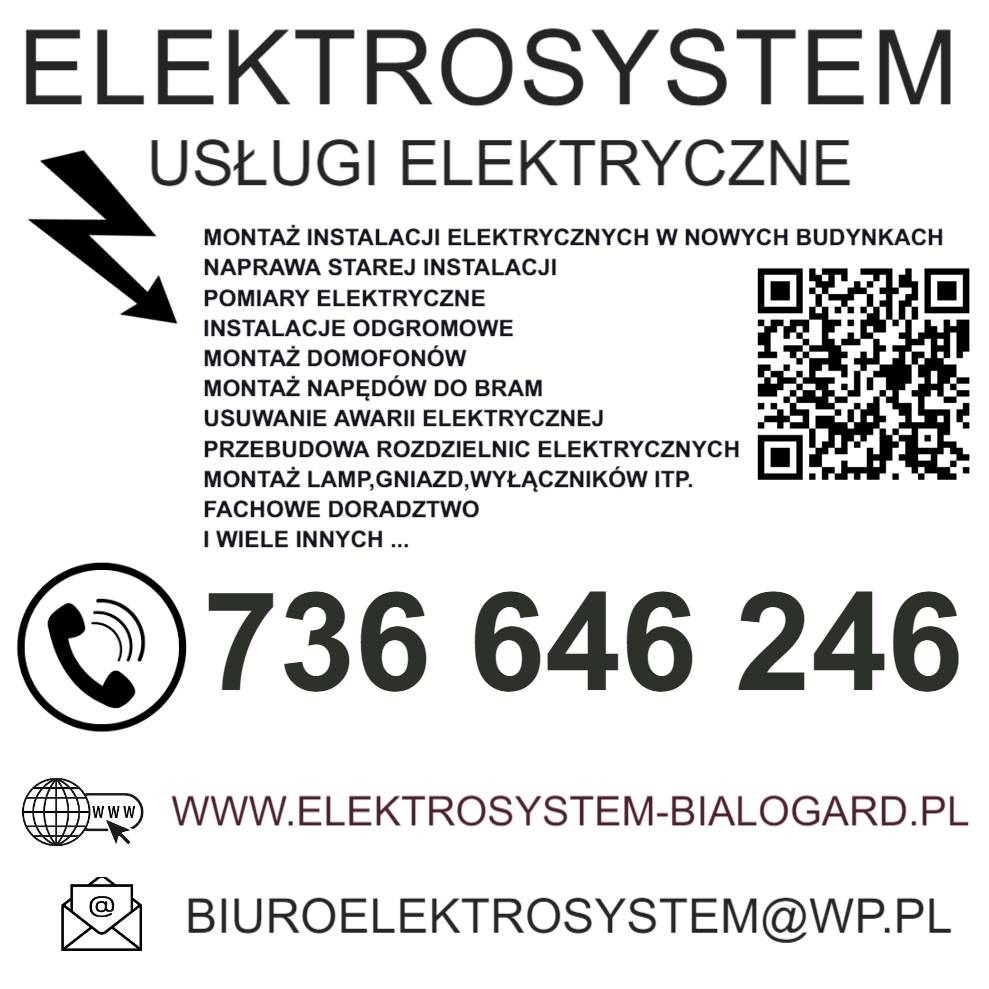 Grafika reklamowa firmy ElektroSystem z Białogardu oferującej usługi elektryczne, instalacje odgromowe, montaż domofonów i inne, z numerem telefonu i adresem strony internetowej.