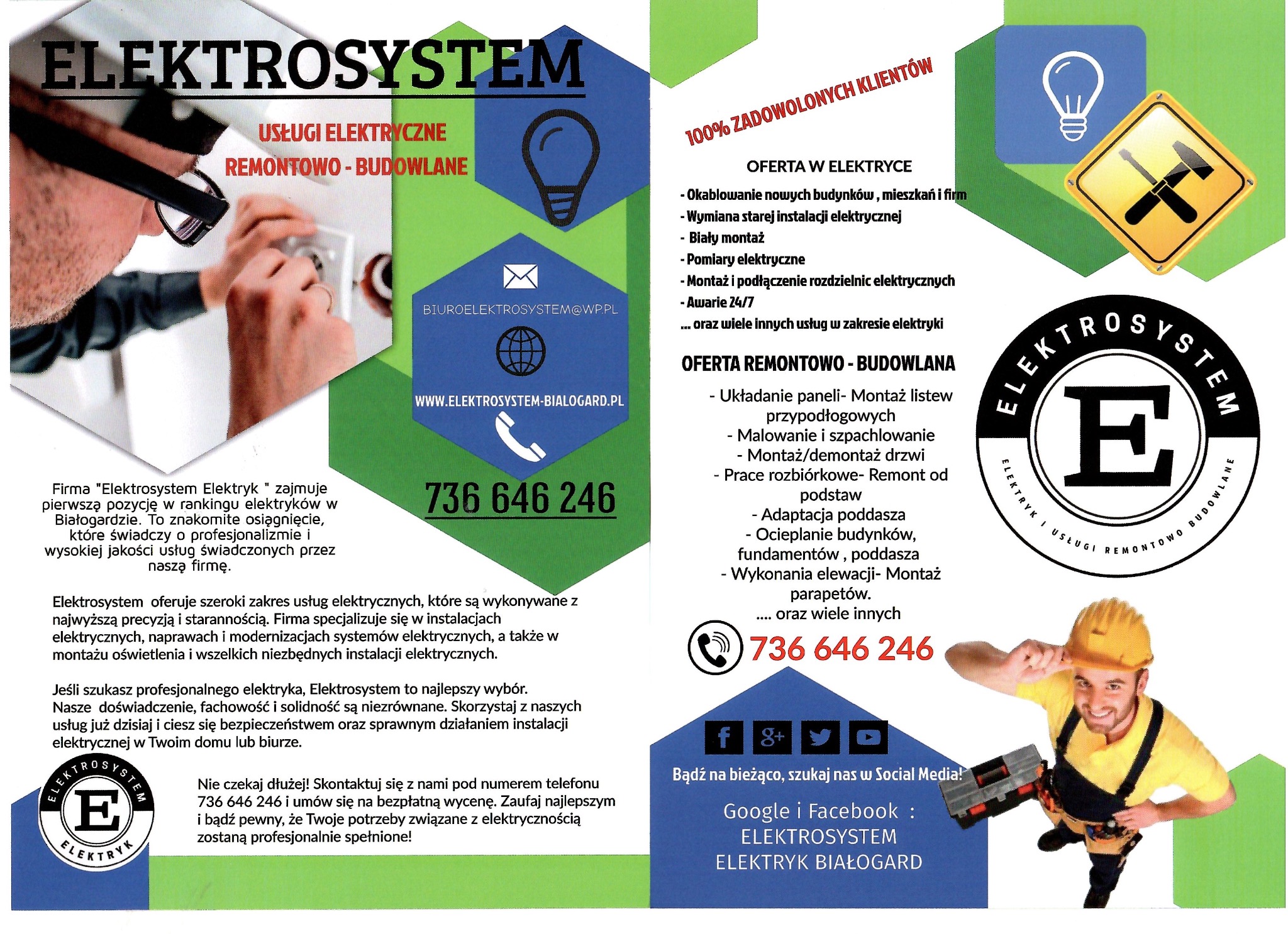 Ulotka firmy Elektrosystem Elektryk z Białogardu, oferującej usługi elektryczne i remontowo-budowlane, z numerem telefonu 736 646 246 i adresem strony internetowej.