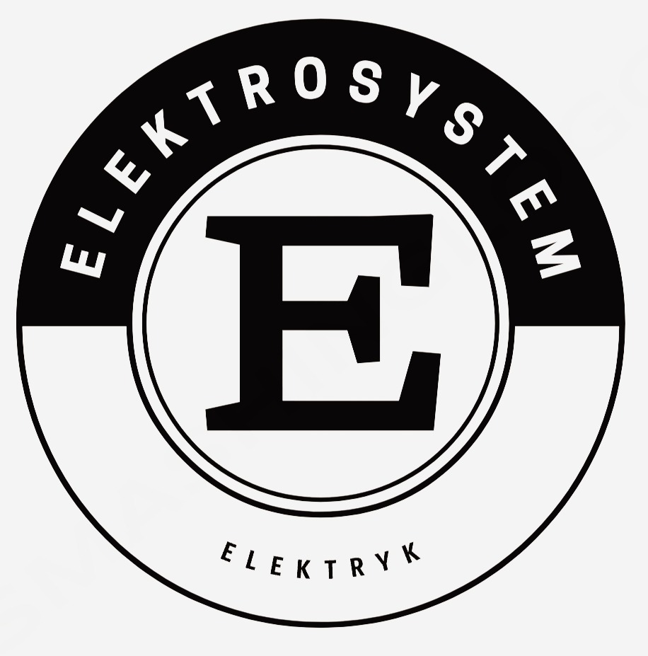 Czarno-białe logo firmy Elektrosystem Elektryk z dużą literą E w centrum okręgu.