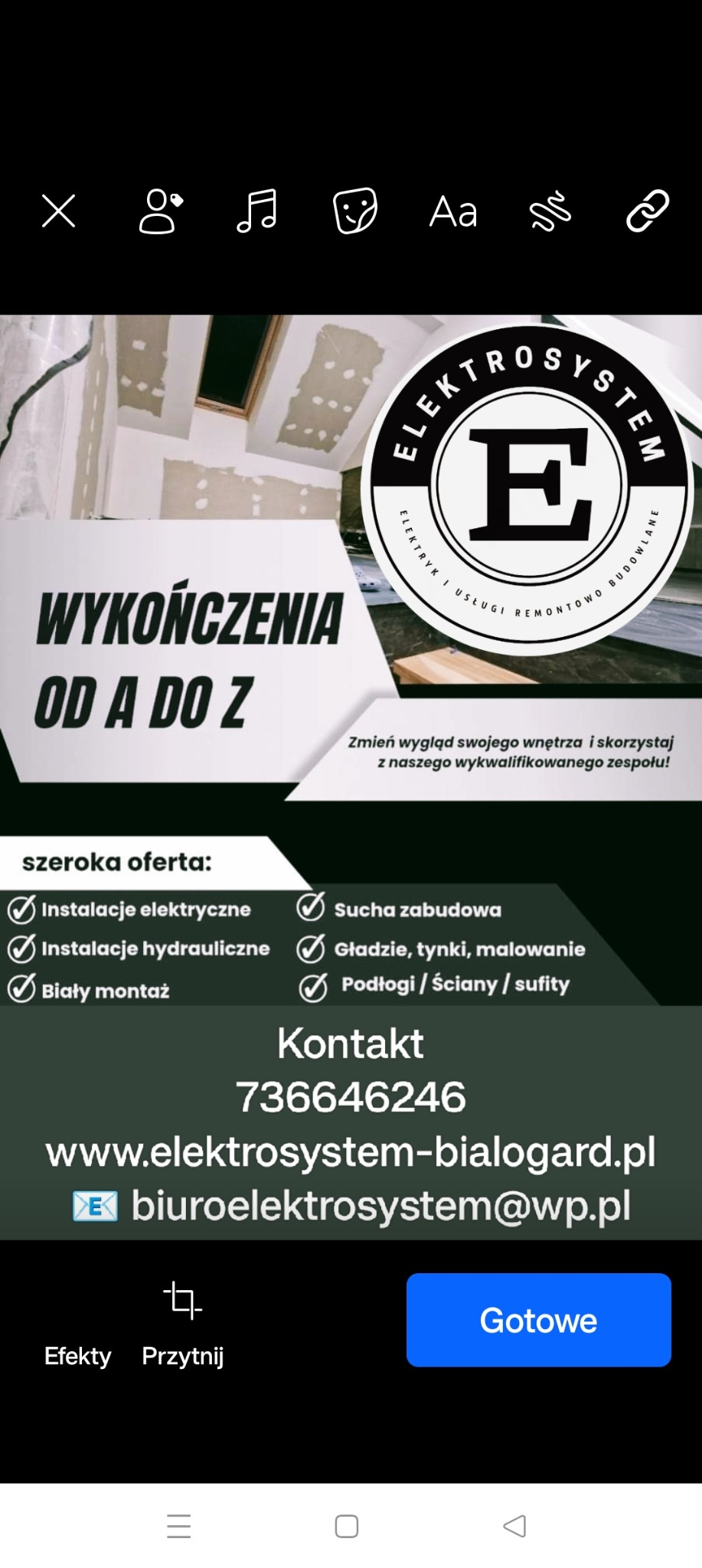 Reklama firmy remontowej Elektrosystem z informacją o ofercie: instalacje elektryczne i hydrauliczne, biały montaż, sucha zabudowa, gładzie, tynki, malowanie, podłogi, ściany, sufity. W tle...