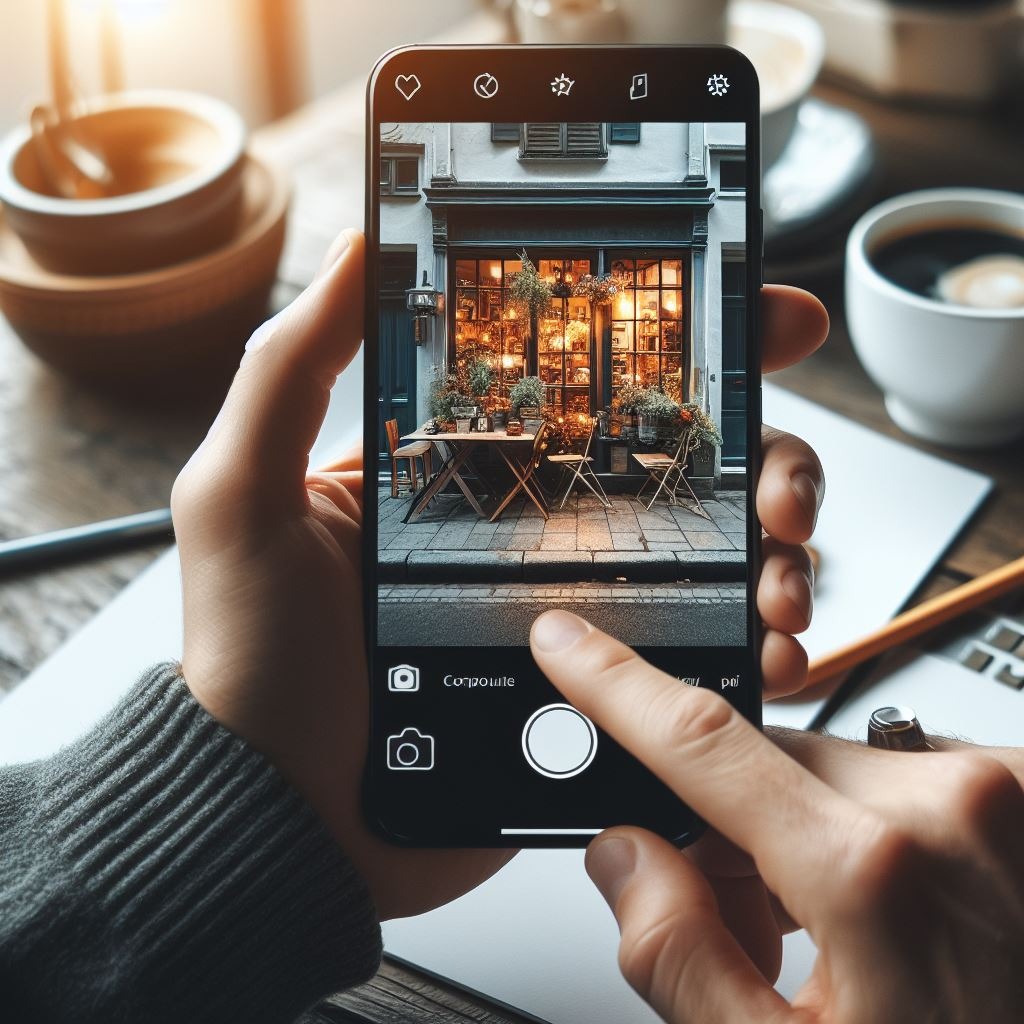 Osoba fotografuje smartfonem witrynę kawiarni z stolikami na zewnątrz, widoczną na ekranie telefonu. W tle filiżanka kawy i notatnik na drewnianym stole.