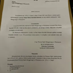 Dokument urzędowy - Decyzja Sądu Okręgowego w Warszawie z datą 18 stycznia 2024 roku, dotycząca wpisu Pani Marty Karolak-Sobczak na listę stałych mediatorów, z pieczęcią i podpisem elektronicznym...