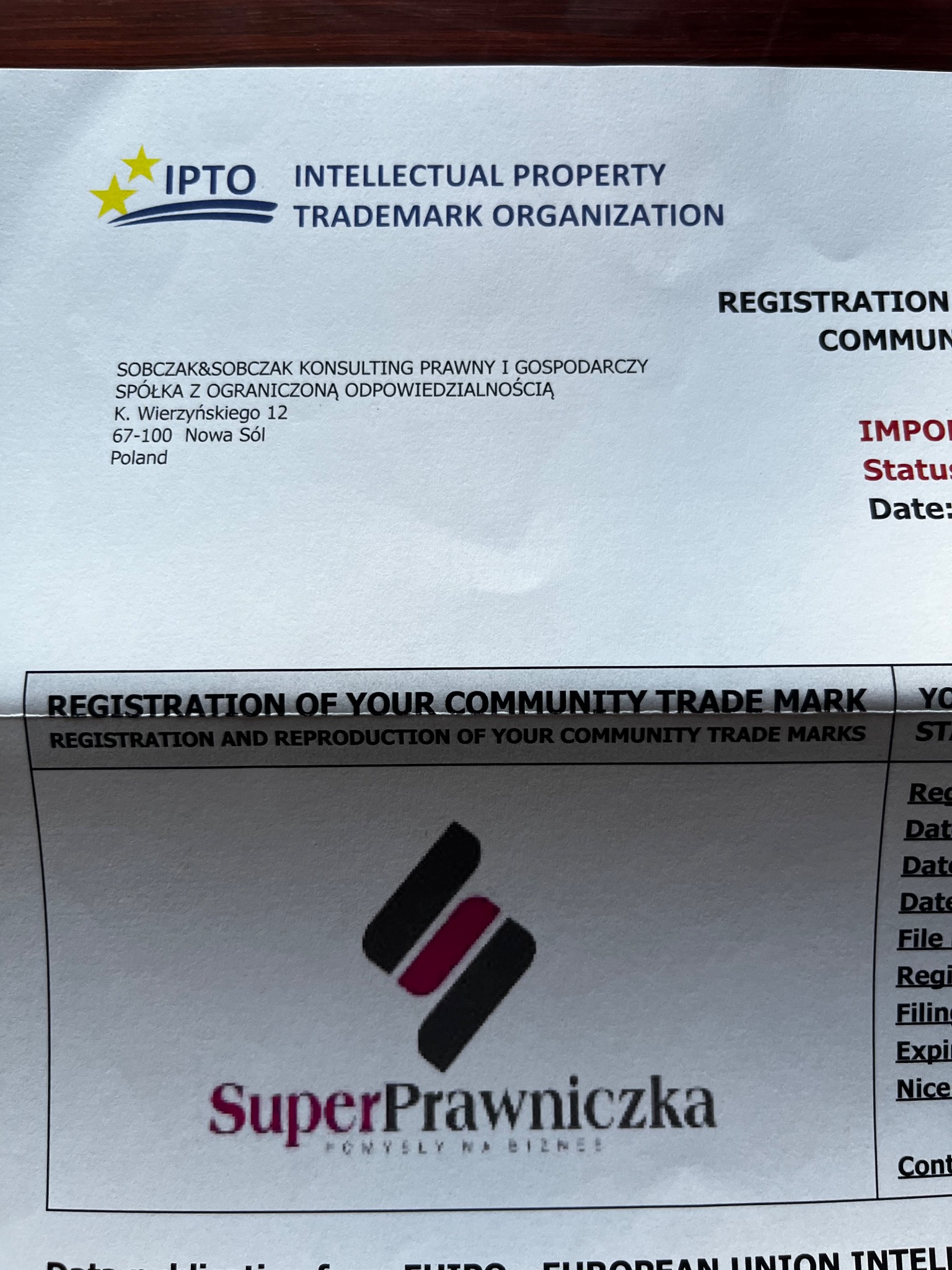 Dokument z logo IPTO Intellectual Property Trademark Organization oraz logo i nazwą firmy Sobczak&Sobczak Konsulting Prawny i Gospodarczy Spółka z ograniczoną odpowiedzialnością oraz logo...