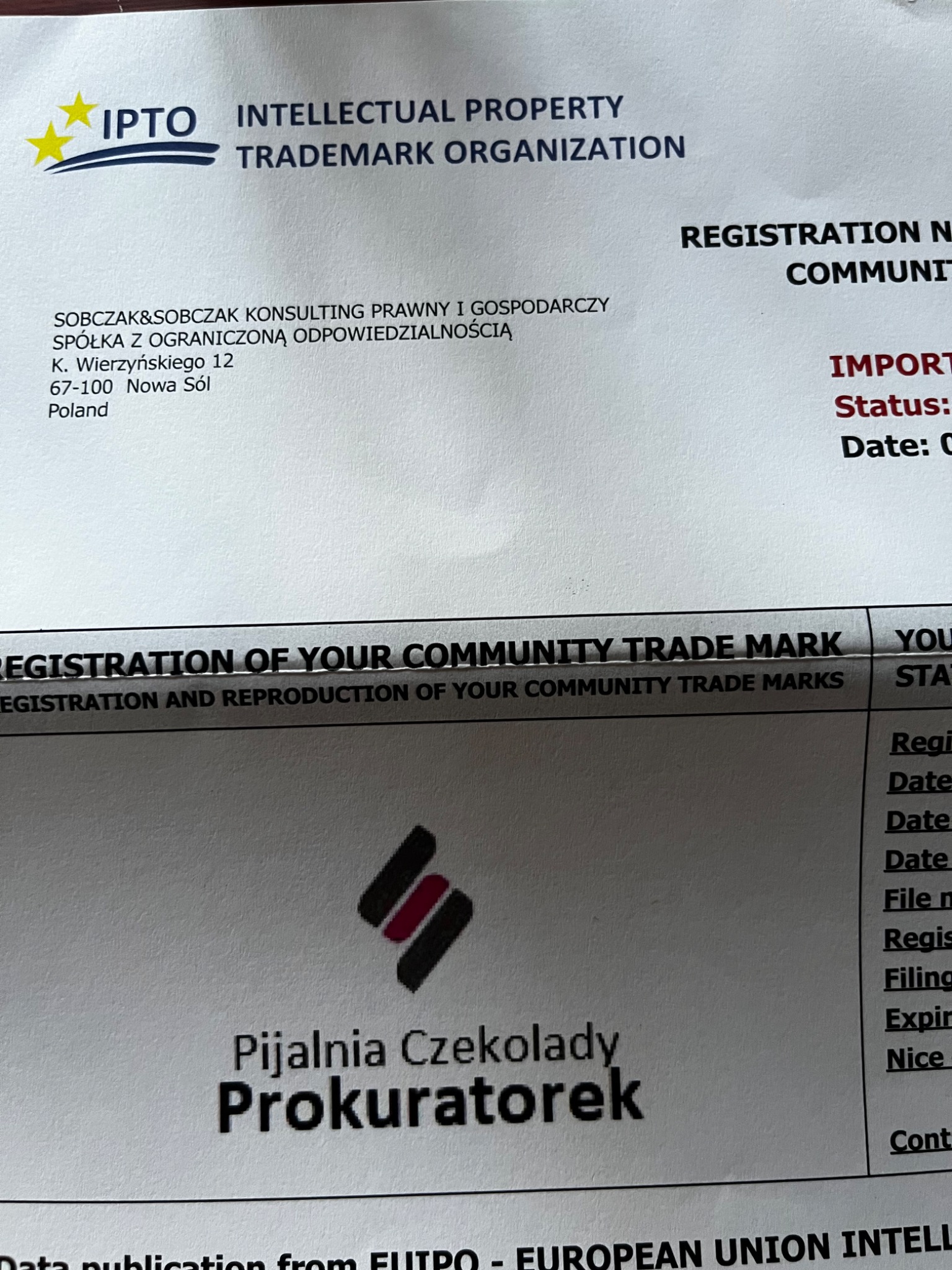 Dokument rejestracji znaku towarowego firmy z Nowej Soli, z logo i danymi firmy Sobczak&Sobczak Konsulting Prawny i Gospodarczy.