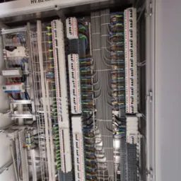 Wnętrze szafy sterowniczej z precyzyjnie ułożonymi przewodami i listwami zaciskowymi, widoczne oznaczenia HV.B2.03.U1.01 na górnej belce