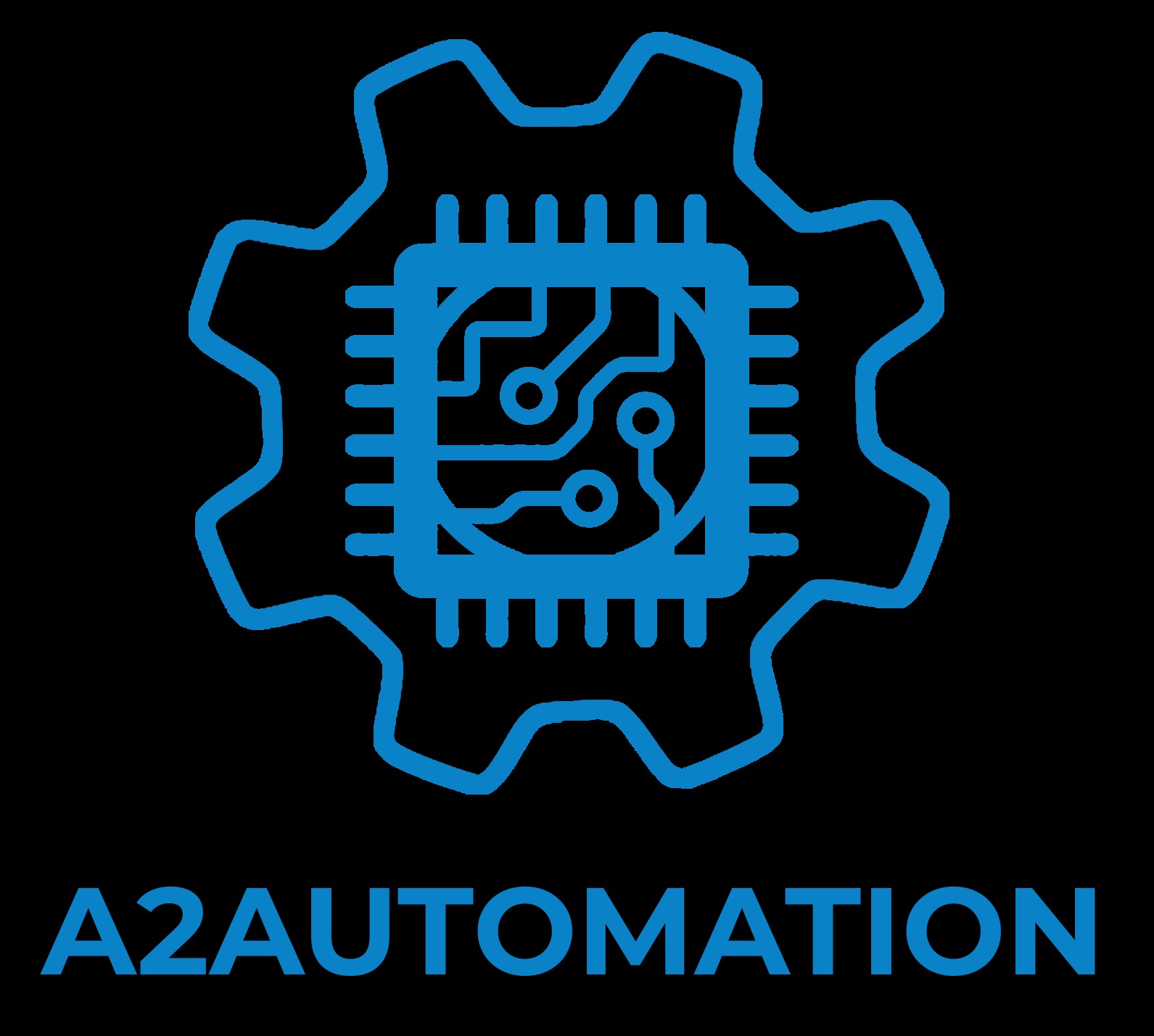 Niebieski schemat układu scalonego wewnątrz zębatki na czarnym tle z tekstem A2AUTOMATION poniżej.