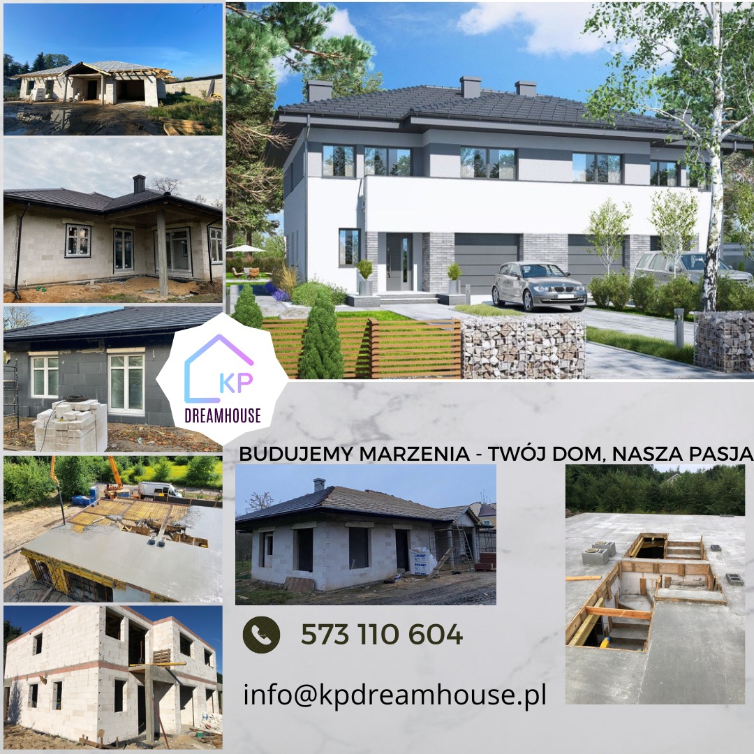 Kolaż zdjęć z różnych etapów budowy domu, od fundamentów i ścian z pustaków, po wizualizację gotowego, nowoczesnego domu dwupiętrowego z garażem i podjazdem, logo firmy budowlanej i dane kontaktowe...