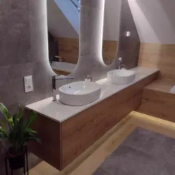 Nowoczesna łazienka na poddaszu z dwoma owalnymi umywalkami nablatowymi, podświetlanymi lustrami, drewnianą szafką pod umywalką i szarą mozaiką na ścianie.