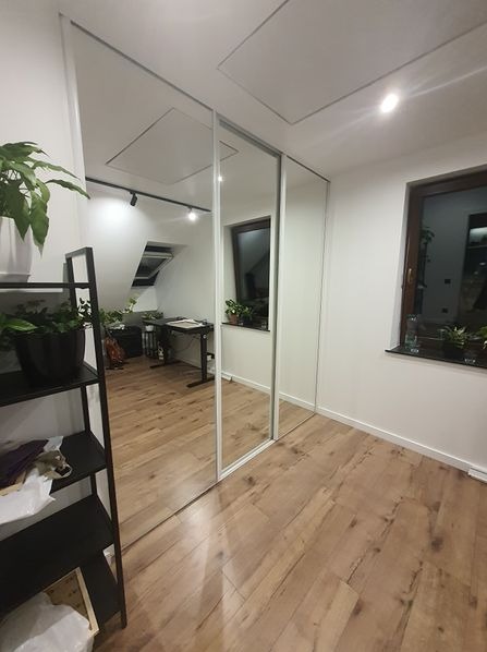 Trzydrzwiowa szafa wnękowa z lustrzanymi frontami, widok na poddasze i okno w tle, drewniana podłoga, czarny regał z roślinami po lewej stronie.