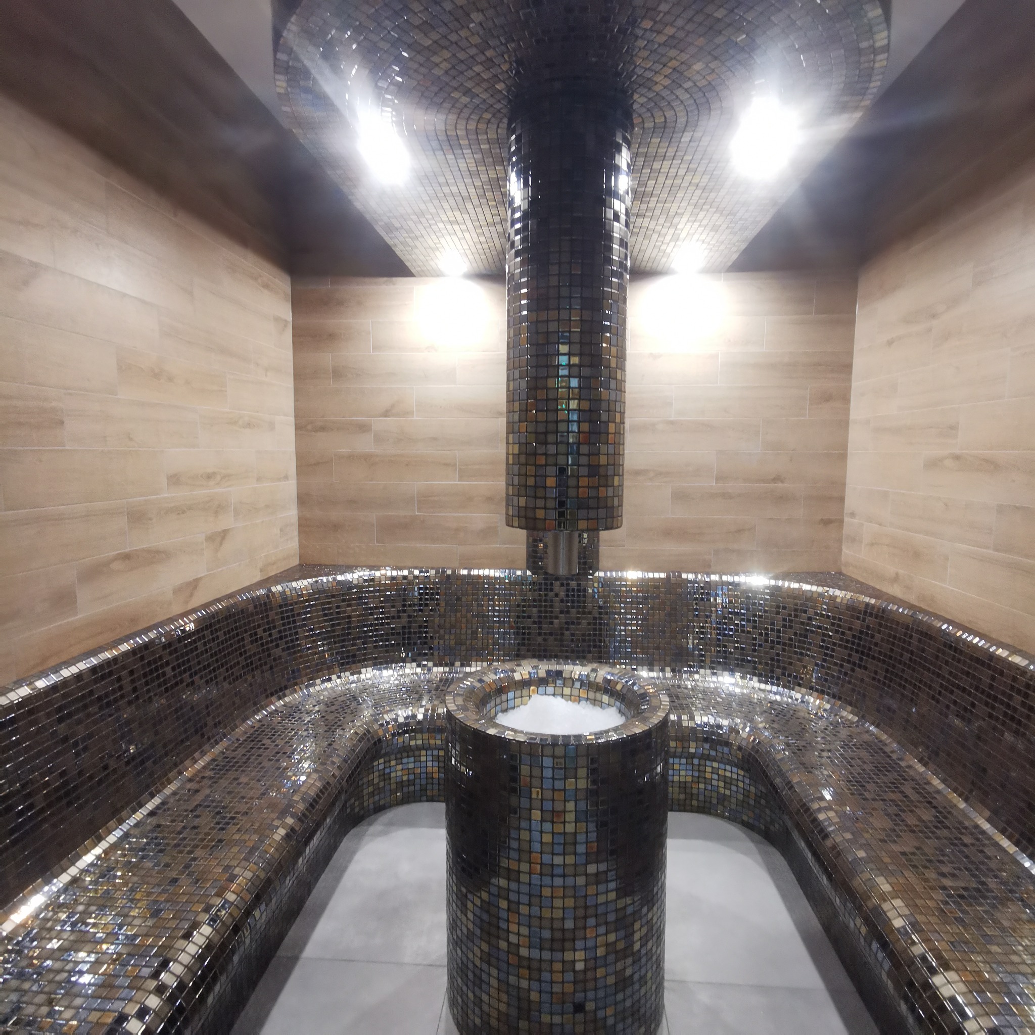 Wnętrze łaźni parowej wyłożonej mozaiką, z centralnym filarem i podgrzewanymi, wyprofilowanymi siedziskami.