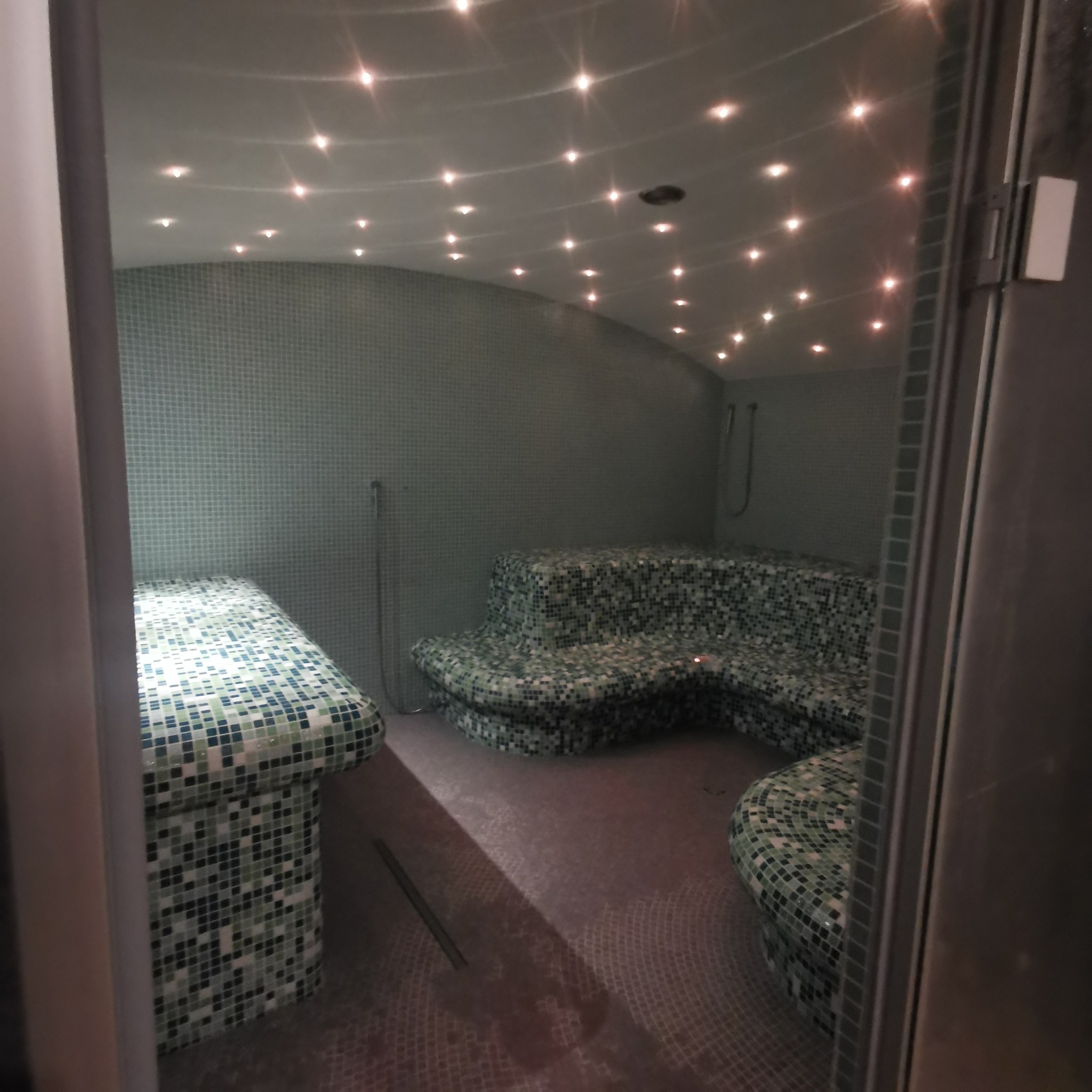 Wnętrze sauny parowej wyłożone mozaiką w odcieniach zieleni i bieli, z oświetleniem punktowym w suficie i widocznym prysznicem na ścianie.