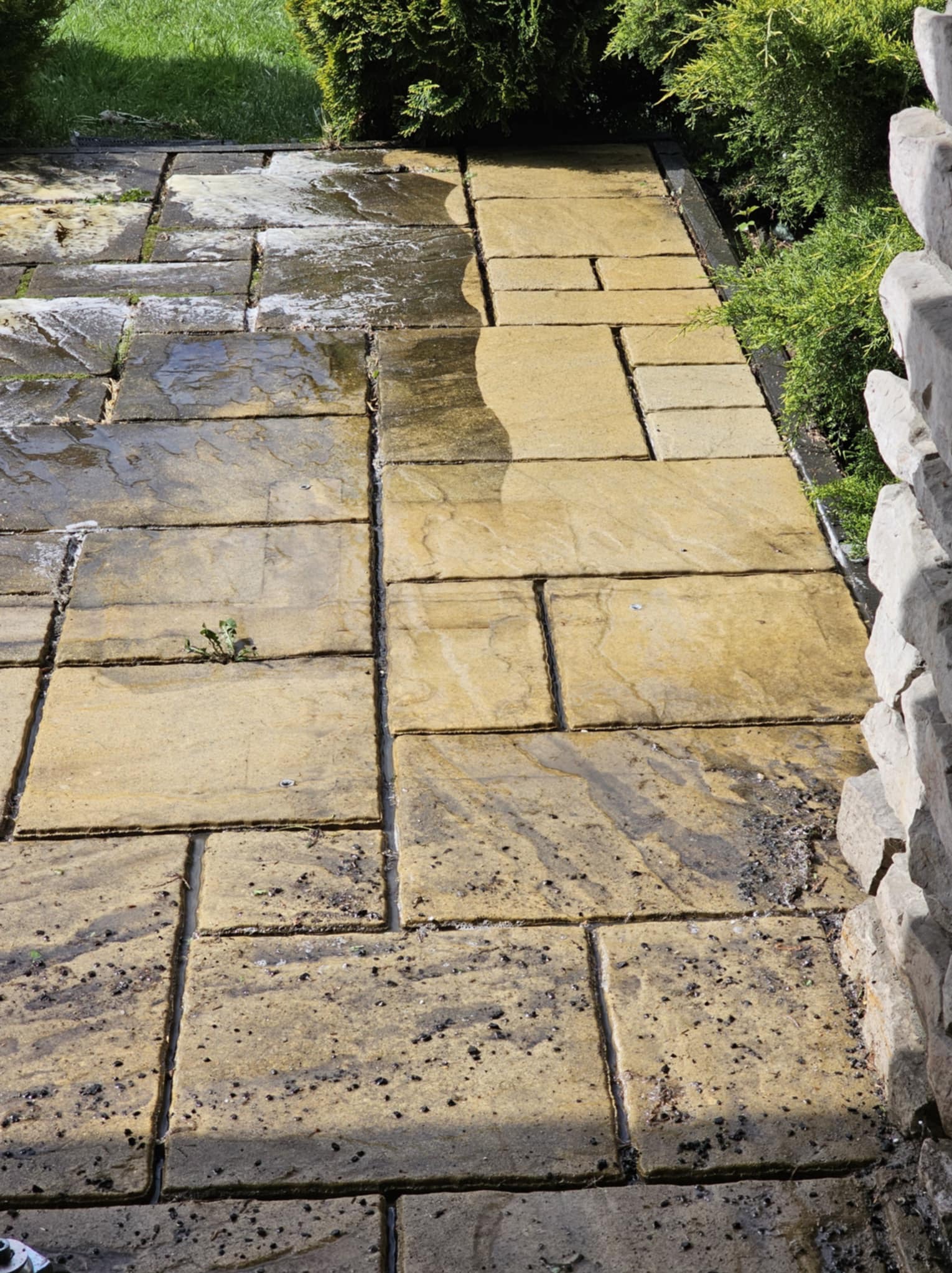Częściowo wyczyszczona, kamienna ścieżka ogrodowa z widoczną różnicą w kolorze i zabrudzeniach, otoczona zielenią i fragmentem kamiennego murku.