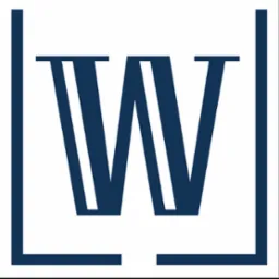 Graficzne logo z dużą, ciemnoniebieską literą 'W' w białym kwadracie, z grubymi liniami po bokach. Minimalistyczny design na białym tle.