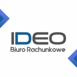 Logo firmy 'IDEO Biuro Rachunkowe' na białym tle z abstrakcyjnymi, niebieskimi trójkątami w rogach.