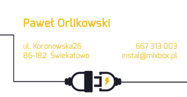 Wizytówka firmy Pawła Orlikowskiego z adresem, numerem telefonu, adresem e-mail i graficznym symbolem wtyczki elektrycznej.