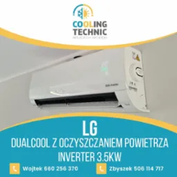 Biała klimatyzacja LG Dualcool z wyświetlaczem temperatury i logo firmy Cooling Technic, zamontowana na ścianie, z widocznymi danymi kontaktowymi firmy na grafice reklamowej.