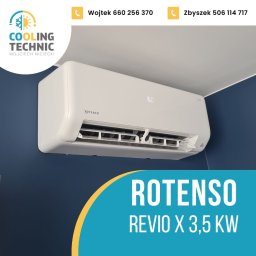 Cooling Technic Wojciech Niciecki - Klimatyzator Rotenso Revio X 3,5 kW zamontowany na niebieskiej ścianie, widoczne numery kontaktowe firmy.