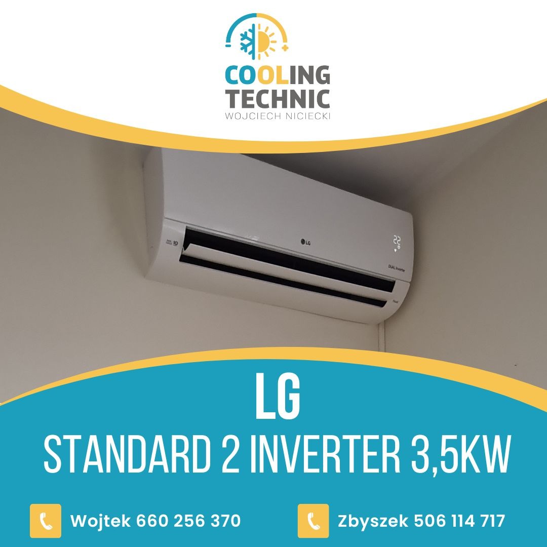 Zdjęcie klimatyzatora LG Standard 2 Inverter 3,5kW zamontowanego na ścianie, z widocznym wyświetlaczem temperatury i logo firmy Cooling Technic Wojciech Niciecki w tle.