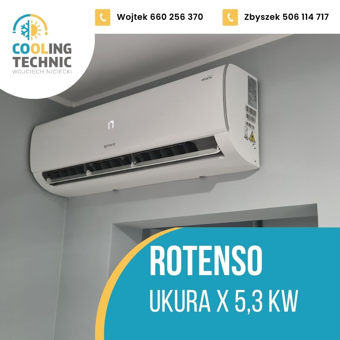 Biała klimatyzacja Rotenso zamontowana na szarej ścianie w pomieszczeniu, widoczne numery kontaktowe do firmy Cooling Technic.
