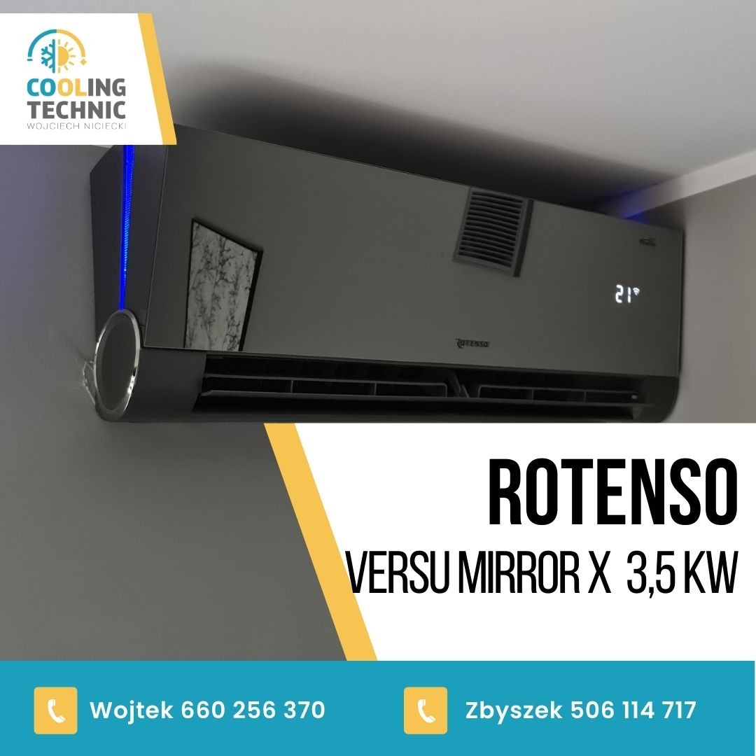 Szara klimatyzacja Rotenso Versu Mirror X 3,5 kW zamontowana na ścianie, widoczny wyświetlacz temperatury 21 stopni Celsjusza, logo firmy Cooling Technic i numery kontaktowe.
