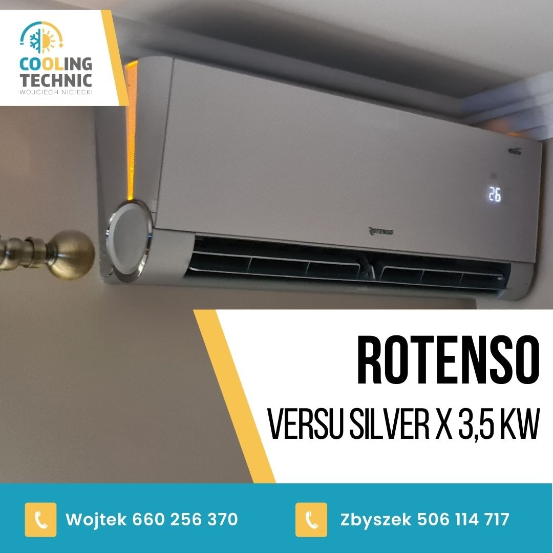 Srebrny klimatyzator Rotenso Versu Silver X 3,5 kW zamontowany na ścianie, widoczne logo firmy Cooling Technic i dane kontaktowe.