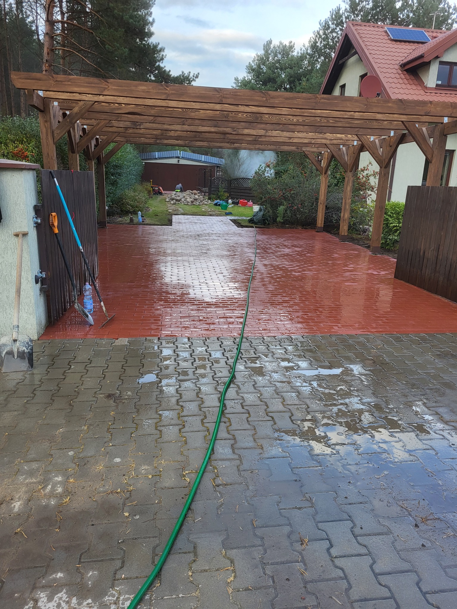 Świeżo ułożona, mokra, czerwona kostka brukowa pod drewnianą pergolą, z widocznymi narzędziami i wężem ogrodowym, na tle domu z czerwoną dachówką.
