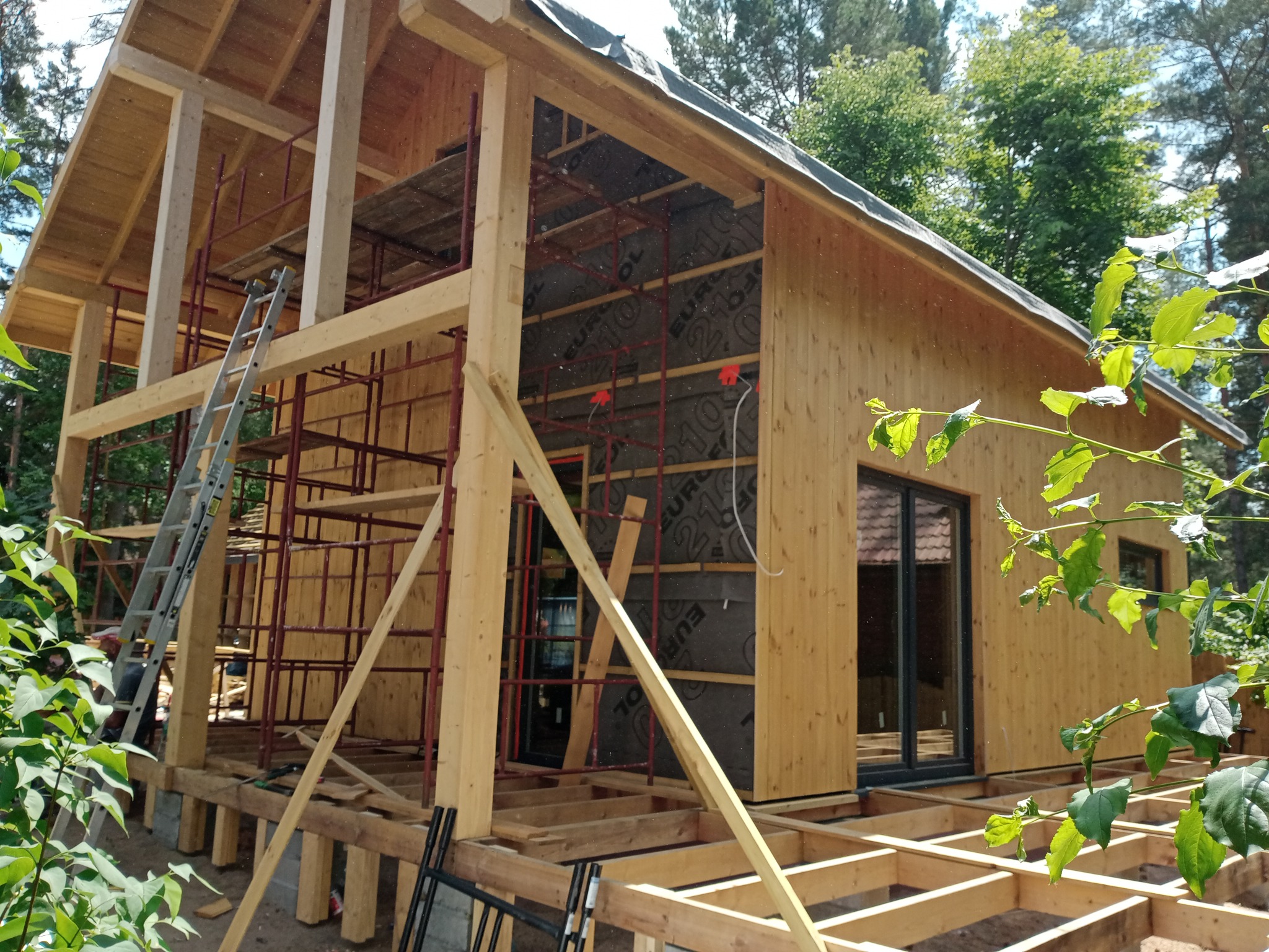 Wznoszenie domu szkieletowego: konstrukcja z drewna, rusztowania i częściowo obłożona deska elewacyjna. Widoczne okna i zarys dachu, otoczenie drzew.