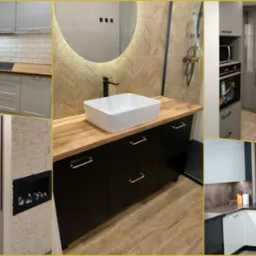 Kompozycja wnętrz: szara kuchnia z drewnianym blatem i białymi płytkami, łazienka z okrągłym podświetlanym lustrem i czarną szafką pod umywalką, biała szafa w przedpokoju i kominek z białej cegły.