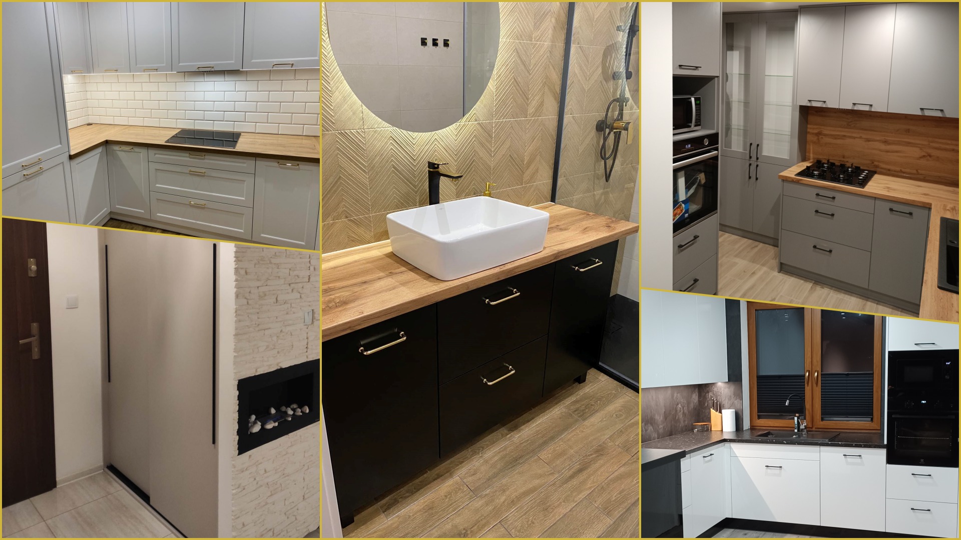 Kompozycja wnętrz: szara kuchnia z drewnianym blatem i białymi płytkami, łazienka z okrągłym podświetlanym lustrem i czarną szafką pod umywalką, biała szafa w przedpokoju i kominek z białej cegły.