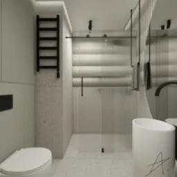 Minimalistyczna łazienka w odcieniach szarości z kabiną prysznicową z ryflowanego szkła, czarnym grzejnikiem drabinkowym i umywalką nablatową z czarną armaturą.