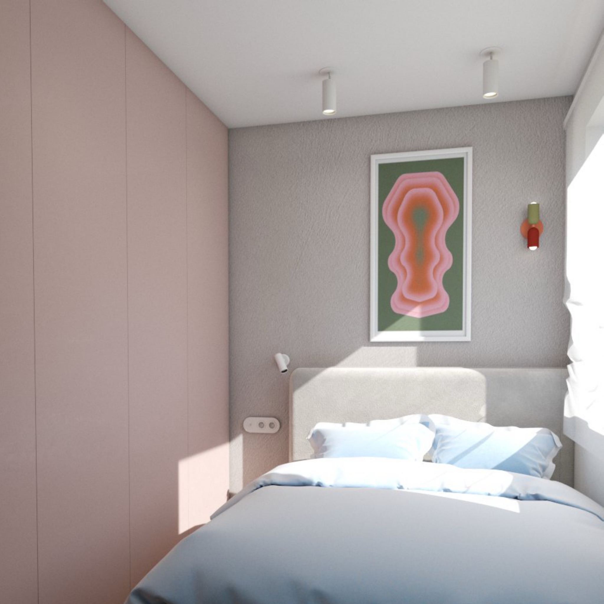 Minimalistyczna sypialnia z łóżkiem, jasną pościelą, różową zabudową szafy na ścianie oraz abstrakcyjnym obrazem w białej ramie i designerskim kinkietem.