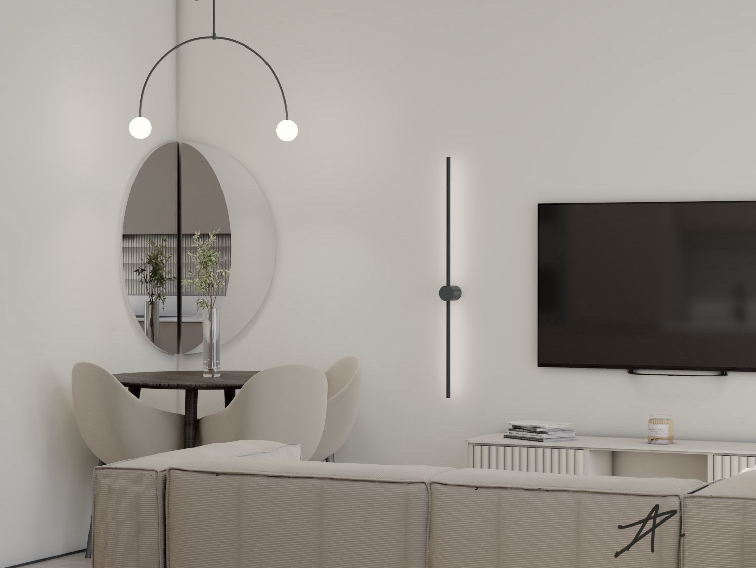 Minimalistyczne wnętrze: okrągły stół z beżowymi krzesłami, owalne lustro z odbiciem roślin, pionowa lampa ścienna obok telewizora, kremowa sofa z widocznym fragmentem i dekoracyjny podpis w prawym...