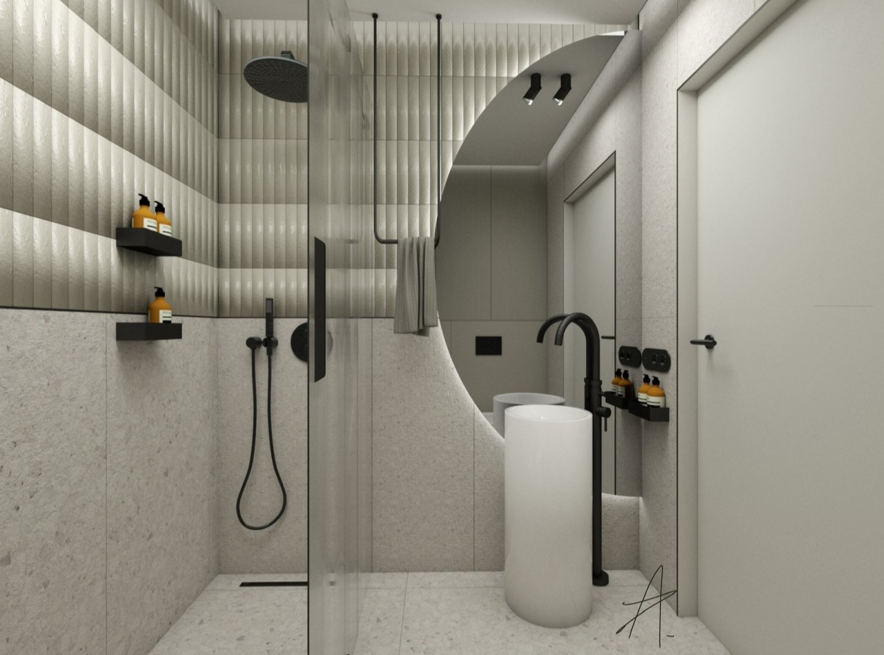 Nowoczesna łazienka z kabiną prysznicową typu walk-in, umywalką wolnostojącą, czarną armaturą i okrągłym lustrem z podświetleniem