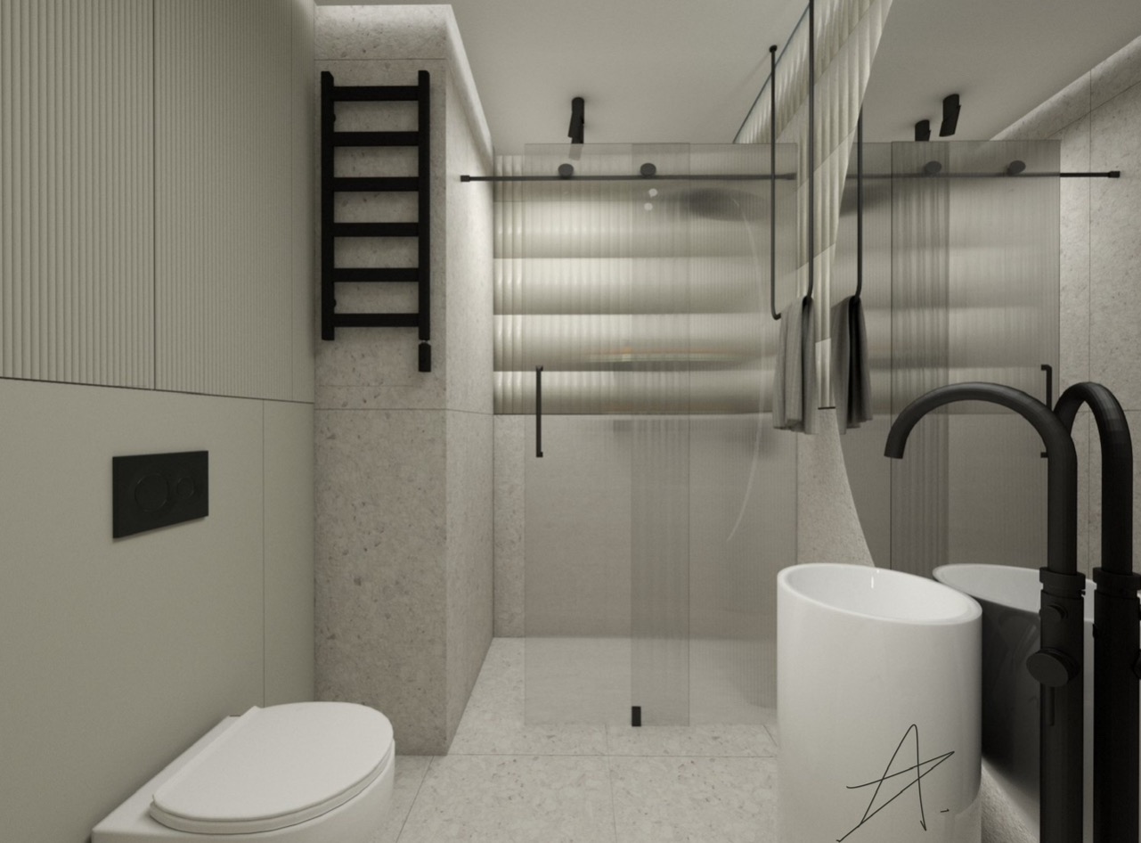 Minimalistyczna łazienka w odcieniach szarości z kabiną prysznicową z ryflowanego szkła, czarnym grzejnikiem drabinkowym i umywalką nablatową z czarną armaturą.