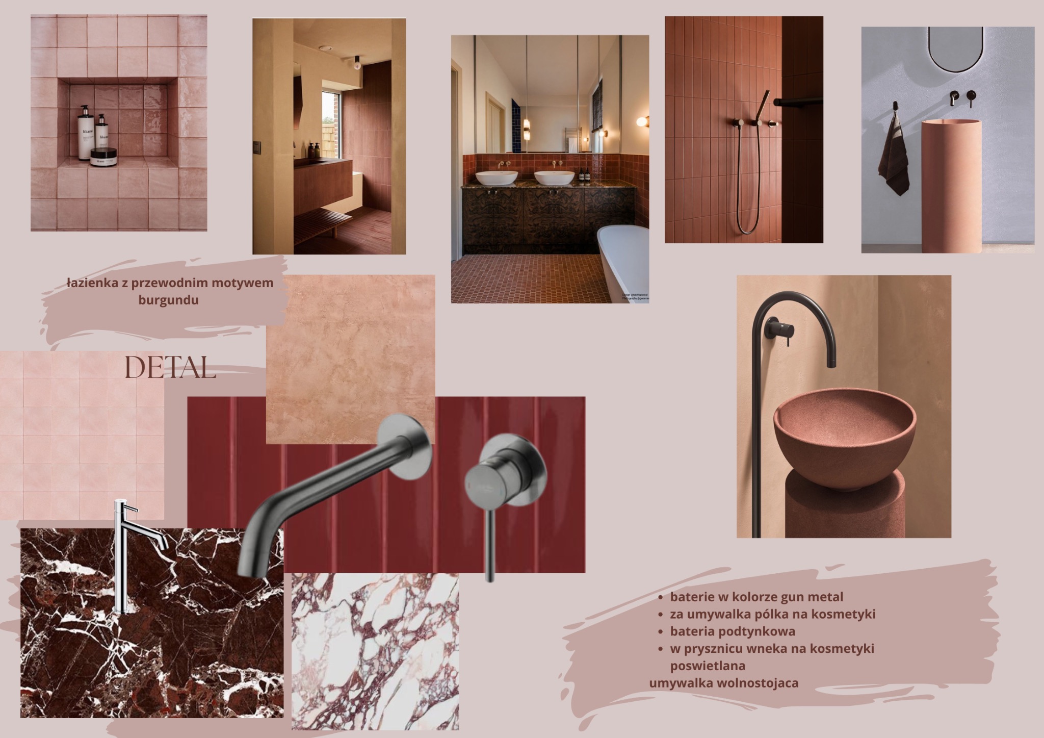 Moodboard łazienki w odcieniach burgundu i terakoty. Prezentacja detali: umywalki wolnostojącej, baterii w kolorze gun metal, płytek i wnęki na kosmetyki.