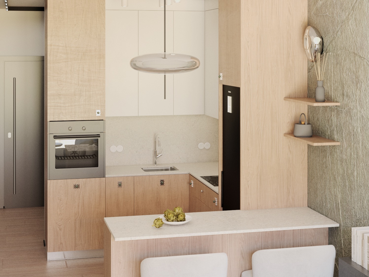 Jasna kuchnia z drewnianymi frontami, minimalistycznym oświetleniem i dekoracyjnymi półkami. Na blacie leżą karczochy. Nowoczesny, skandynawski styl.
