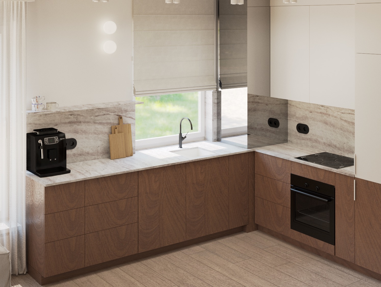 Nowoczesna kuchnia w ciepłych brązach i bieli. Marmurowy backsplash, ekspres do kawy i drewniane deski do krojenia dodają przytulności. Minimalistyczne oświetlenie.