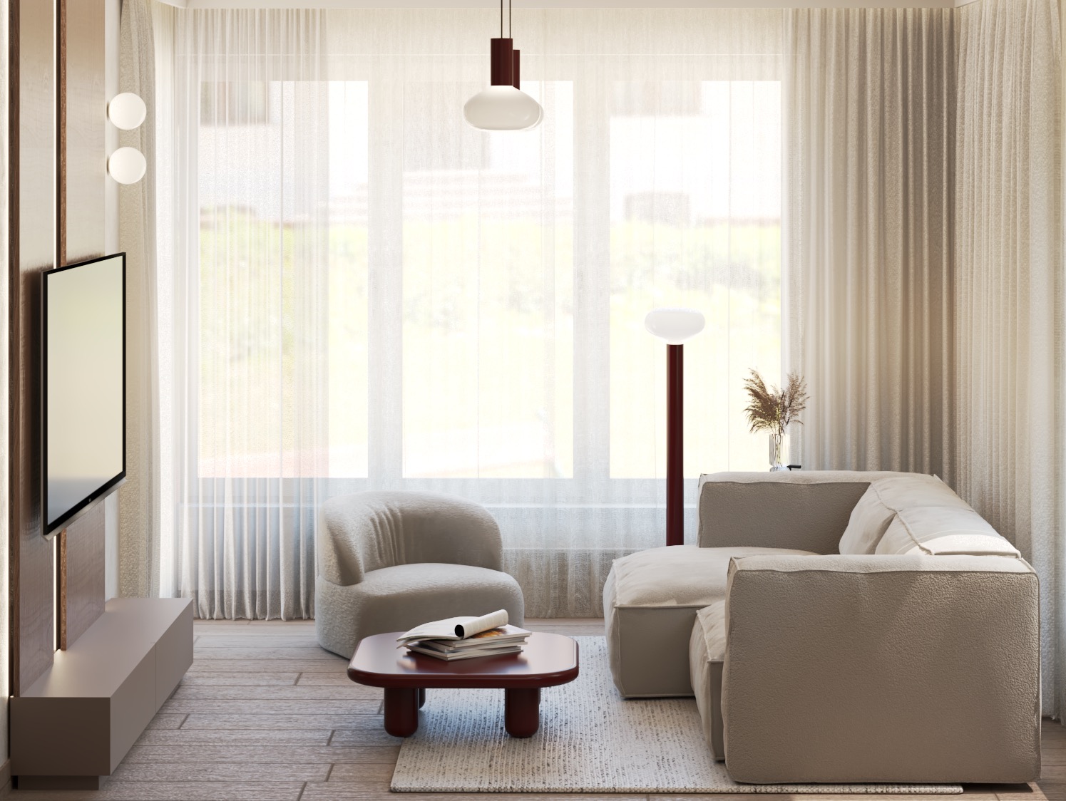 Jasne wnętrze salonu z beżową sofą narożną, fotel z barankiem, stolik kawowy z magazynami i telewizor na ścianie z drewnianym panelem. Duże okna z delikatnymi zasłonami.