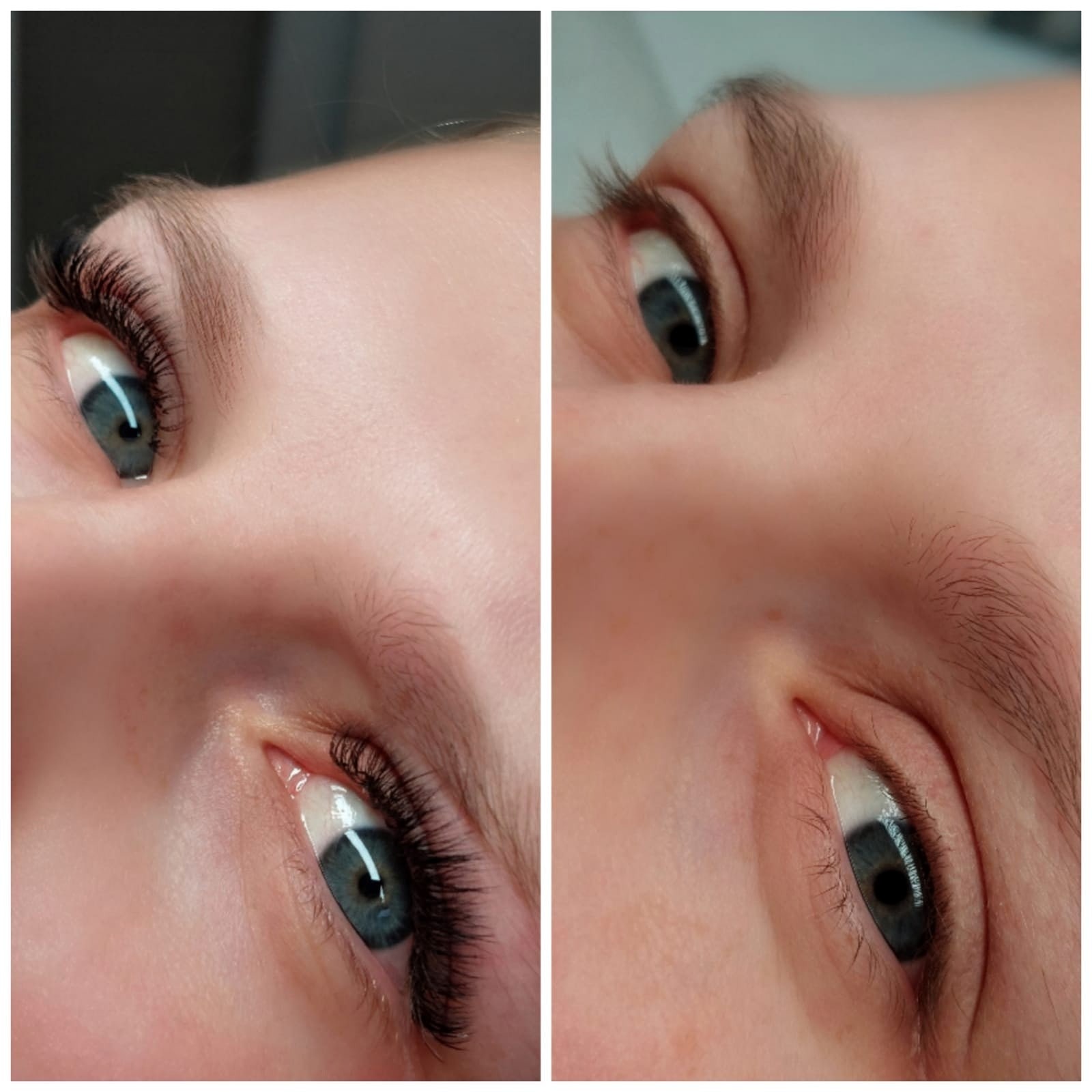 Zbliżenie na oko z przedłużonymi rzęsami, widoczne pojedyncze, gęste kępki rzęs i naturalny odcień tęczówki.