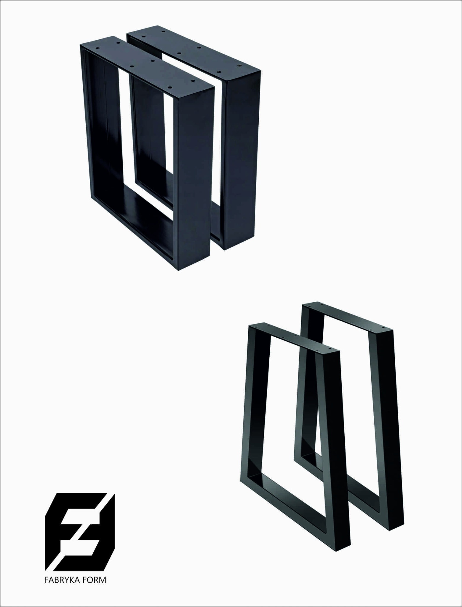 Dwie pary czarnych, metalowych nóg do stołu, o prostokątnym profilu, ustawione na białym tle; widoczne otwory montażowe i logo producenta Fabryka Form.