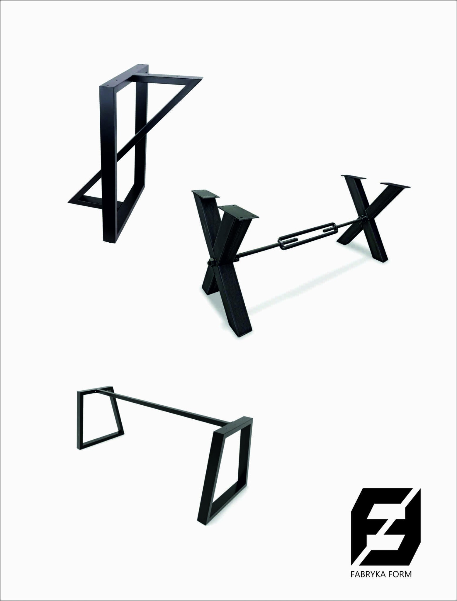 Prezentacja trzech zestawów metalowych nóg do stołu w różnych stylach: trapezowym, X-kształtnym z regulacją i prostokątnym z poprzeczką, na białym tle, z logo producenta w prawym dolnym rogu.