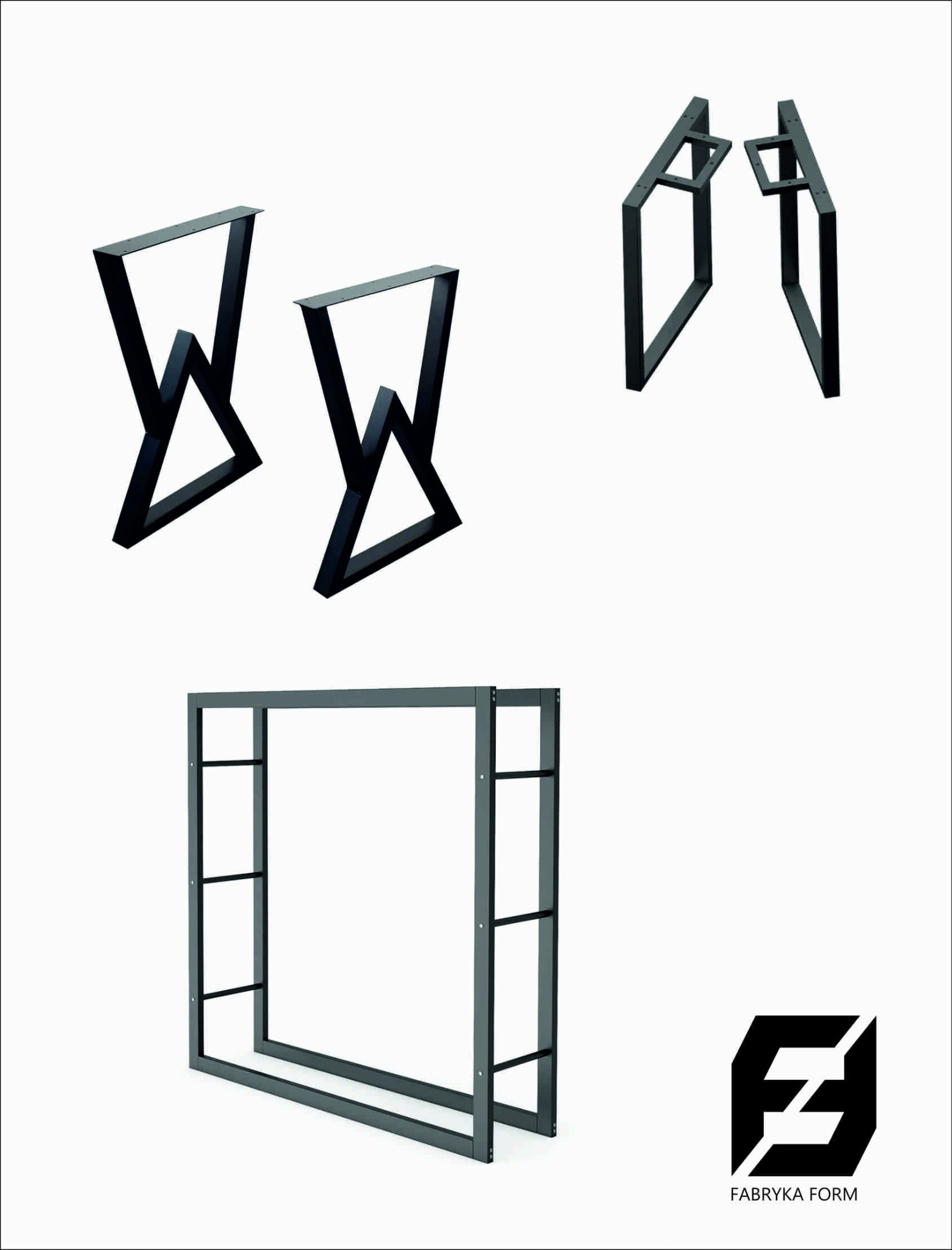 Metalowe nogi do stołu w różnych kształtach i rama metalowa na białym tle z logo firmy Fabryka Form.