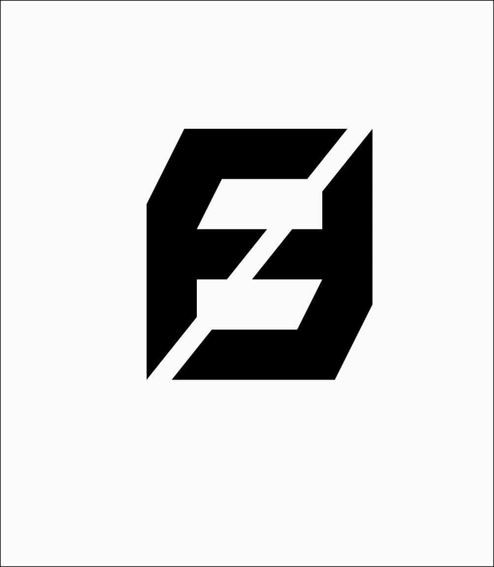 Abstrakcyjne logo w kolorze czarnym na białym tle, przypominające stylizowaną literę 'E' lub odwróconą '3' w geometrycznej formie.