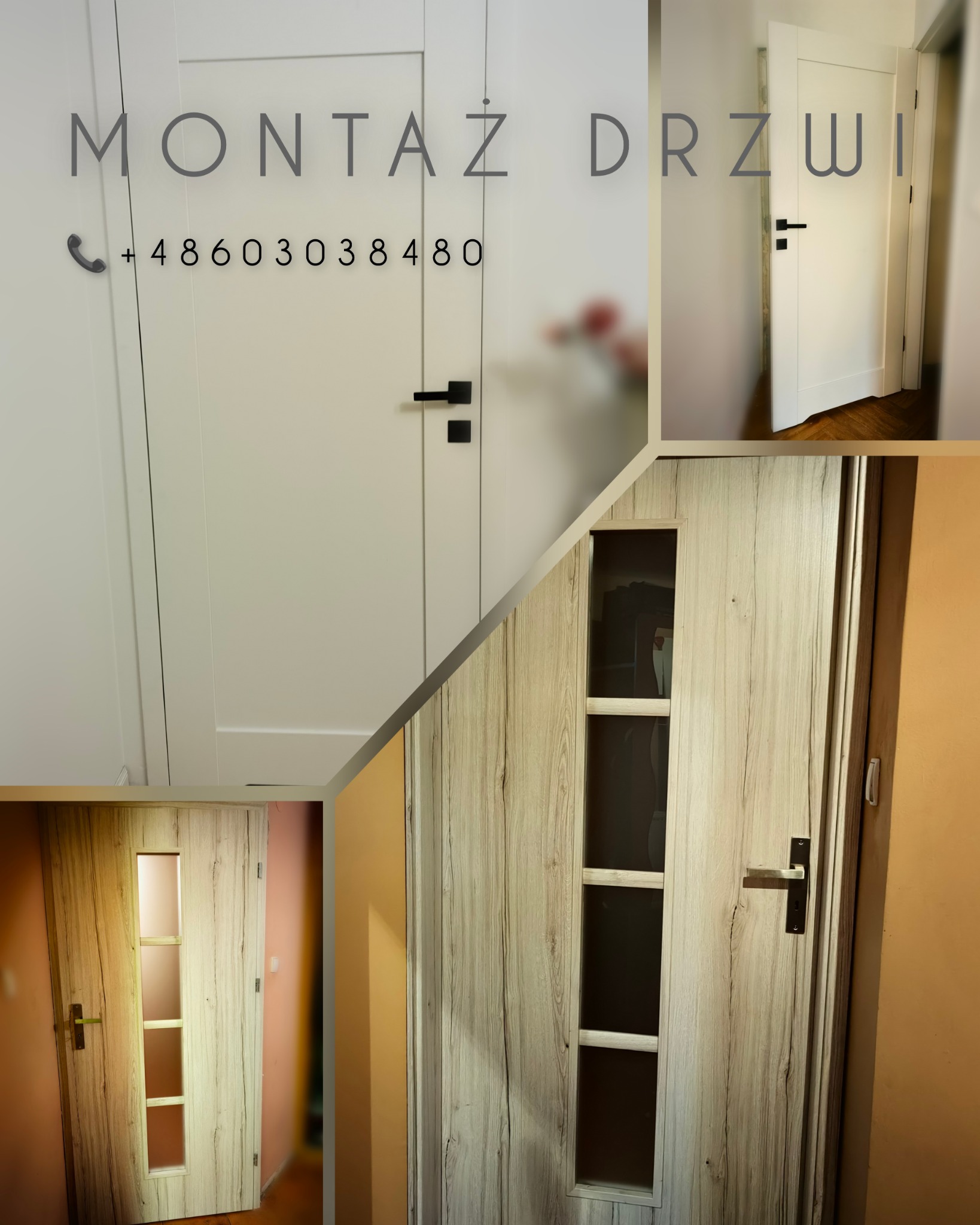 Kolaż przedstawiający białe i drewnopodobne drzwi z czarnymi klamkami w różnych ujęciach, z napisem 'Montaż Drzwi' i numerem telefonu.