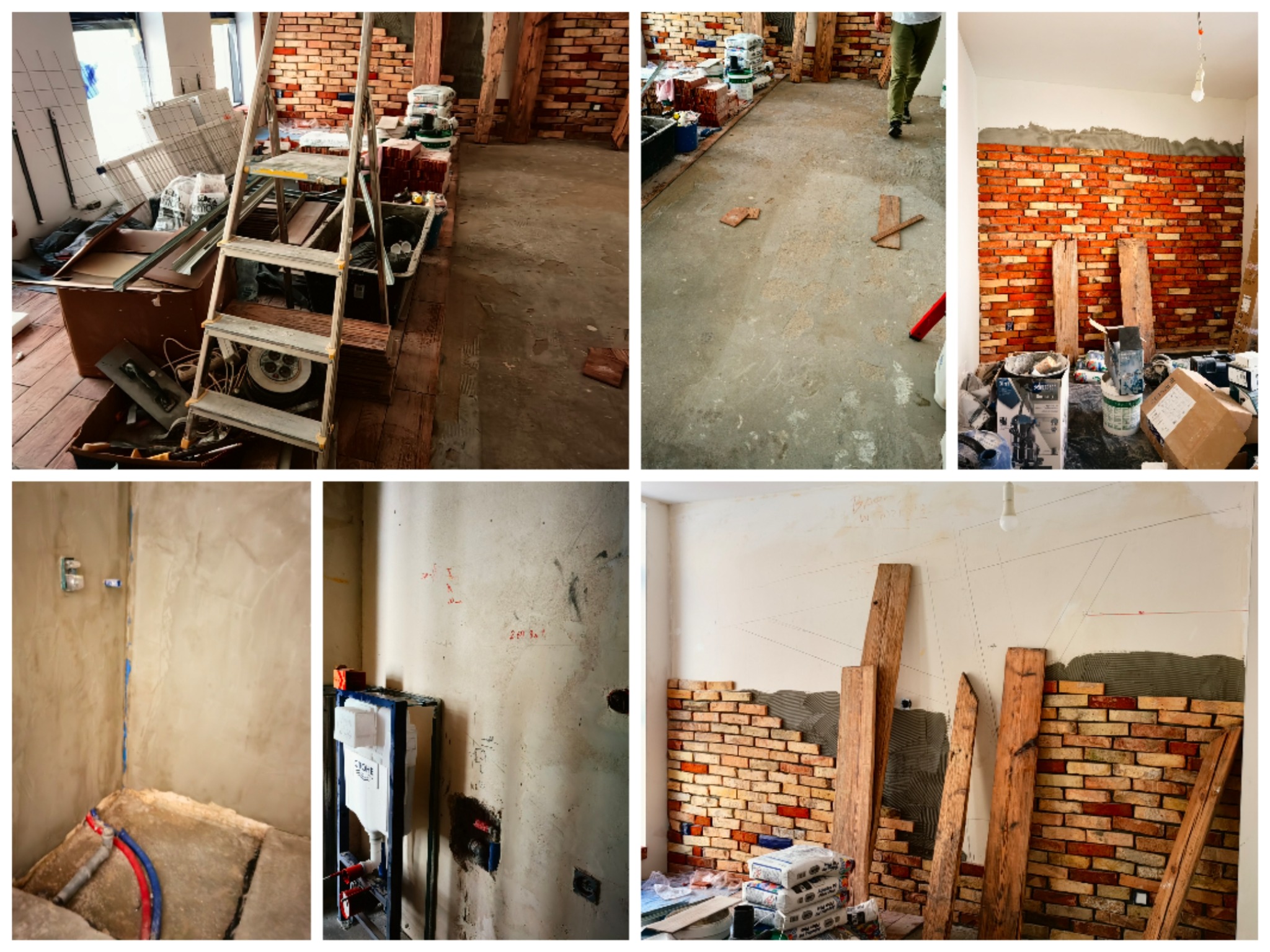 Fragmenty pomieszczeń w trakcie remontu: układanie cegieł na ścianie, instalacja podtynkowa WC, przygotowania do prac wykończeniowych z drabiną i materiałami budowlanymi.