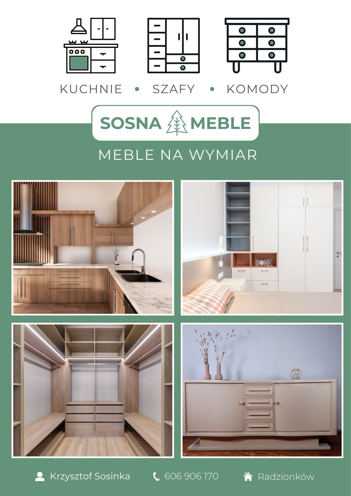 Reklama firmy Sosna Meble: aranżacje kuchni, szafy wnękowej i komody na wymiar. Wizualizacje z nowoczesnym oświetleniem i minimalistycznym designem.