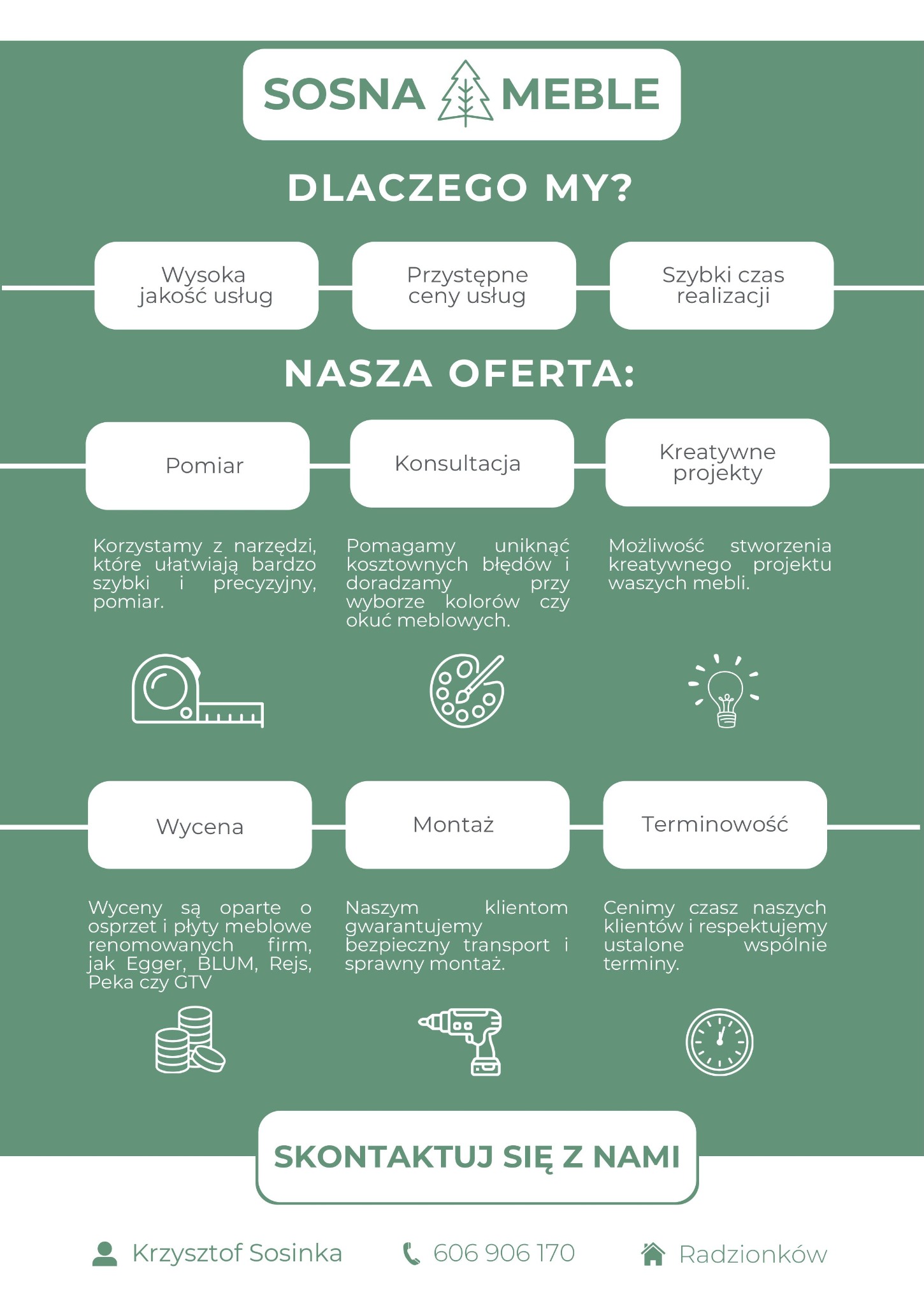 Grafika prezentująca ofertę firmy meblowej Sosna Meble: pomiar, konsultacje, projekty, wycena, montaż i terminowość. Kontakt: Krzysztof Sosinka.