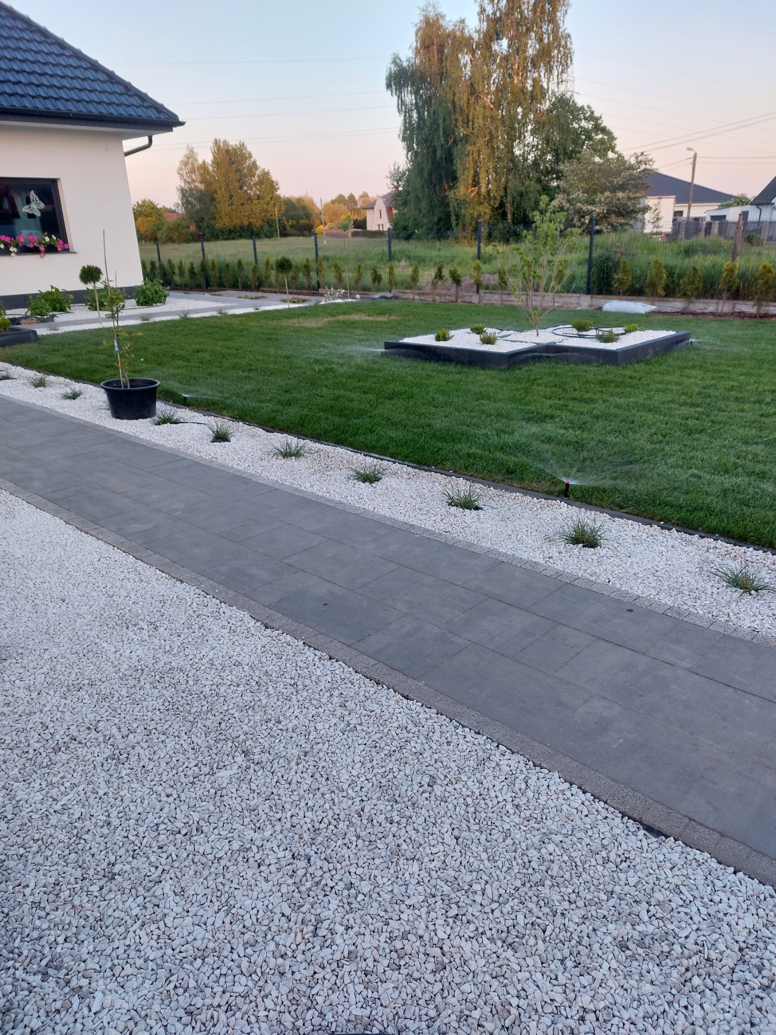 Ogród po renowacji: szary chodnik z kostki, białe kamienie ozdobne, trawnik z systemem nawadniania i rabaty z roślinami.