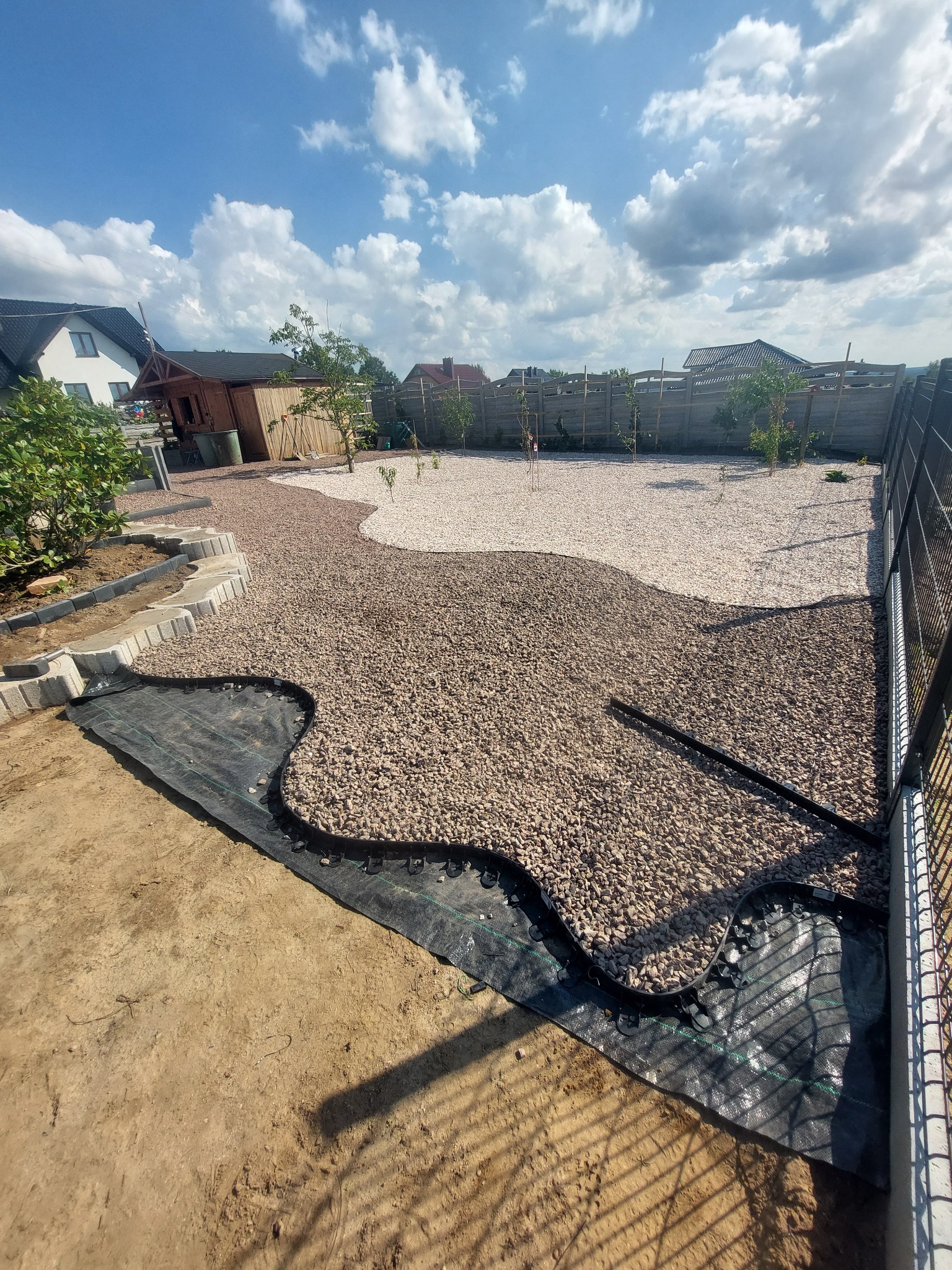 Przygotowany teren pod aranżację ogrodu: rozłożona agrowłóknina, obrzeża trawnikowe i wysypane kamienie ozdobne, widoczne młode drzewka i elementy małej architektury ogrodowej.