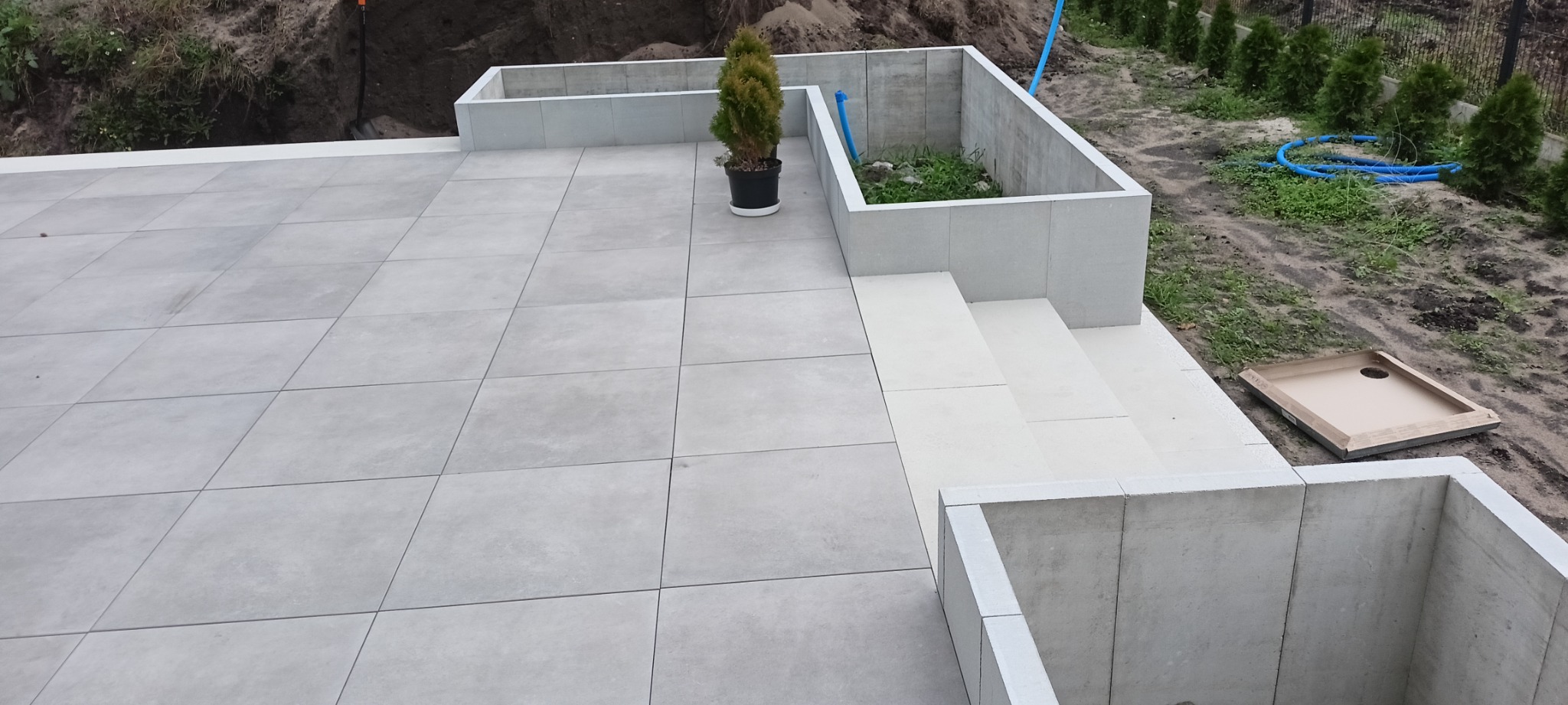 Wykończony taras z jasnoszarych płyt betonowych, obrzeża z betonu, mała tuja w doniczce, widoczny drenaż i ziemia w tle.